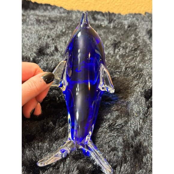 Art Blown  Glass Blue & Clear Glass Dolphin Figurine Art Decor 7" - Picture 5 of 8